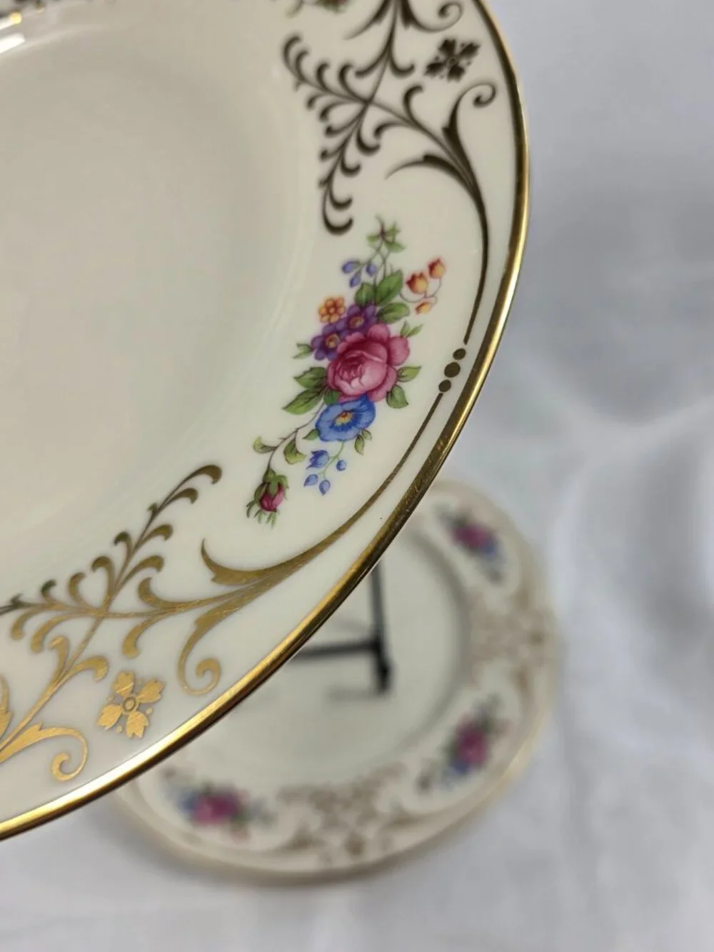 TWO Lenox Radience Luncheon Plates Ivory with Rose Bouquets, Gold Scrolls & Trim